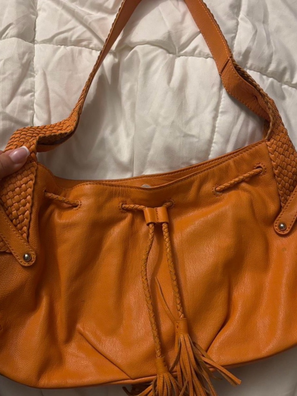 Orange Leather Hobo Bag with Braided Strap